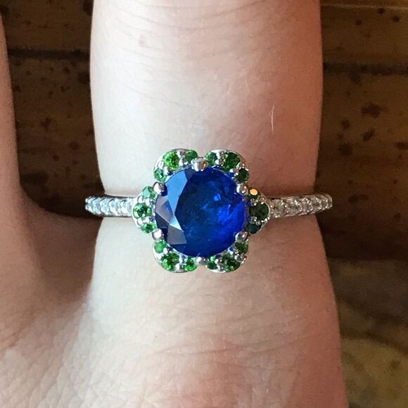 Natural Blue Spinel Chrome Diopside Sterling Silver Ring Size 8 - Picture 1 of 8